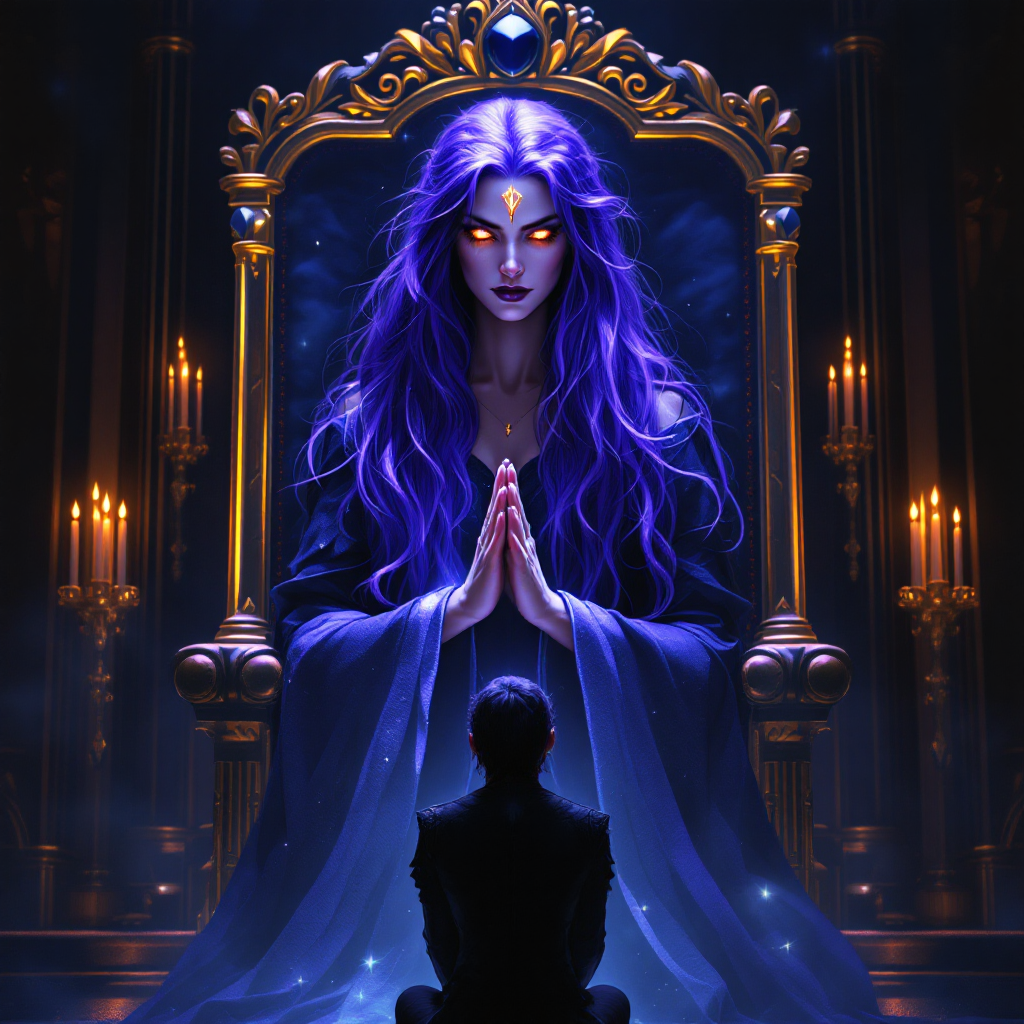 A figure kneels before a powerful woman with flowing purple hair and glowing eyes seated on a throne, embodying the theme of understanding as a source of power. Dark, atmospheric lighting enhances the scene.