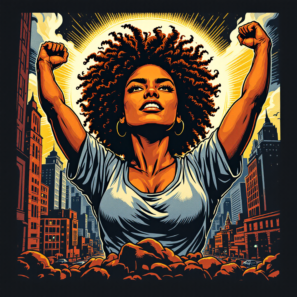 A powerful figure with an afro raises her fists triumphantly against a backdrop of skyscrapers, embodying resilience and determination, echoing the sentiment, You can't let life take you down.