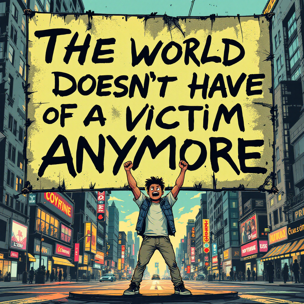 A young person stands triumphantly in a bustling city, holding a large sign that reads, The world doesn’t have time for a victim anymore, conveying a message of empowerment and resilience.