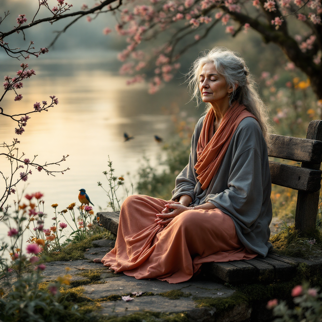 A serene elderly woman sits on a bench by a tranquil river, surrounded by blooming flowers and cherry blossoms, embodying the extraordinary simplicity of life.