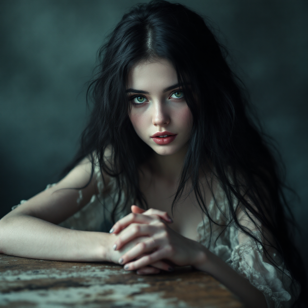 A young woman with striking green eyes and long, dark hair gazes intensely at the viewer, her hands clasped thoughtfully on a rustic table, embodying underlying complexity and depth.