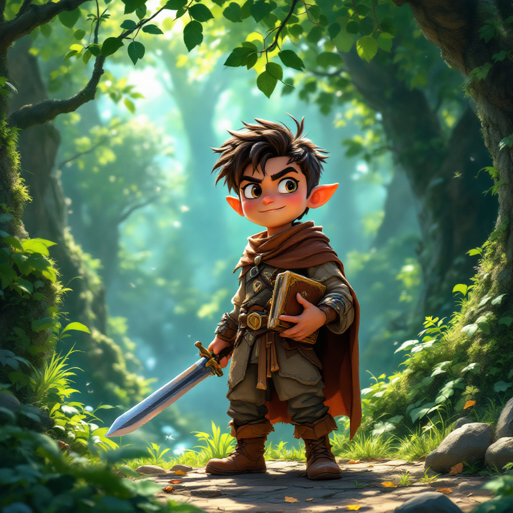 A confident young elf stands in a sunlit forest, holding a sword and a book, embodying the quote The only way to gain power is to take it. Rich greenery surrounds him.