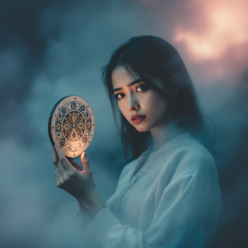 A young woman holds a glowing, intricately designed shield-like object amidst swirling mist, symbolizing strength and protection against fear, inspired by the quote on love and fear.