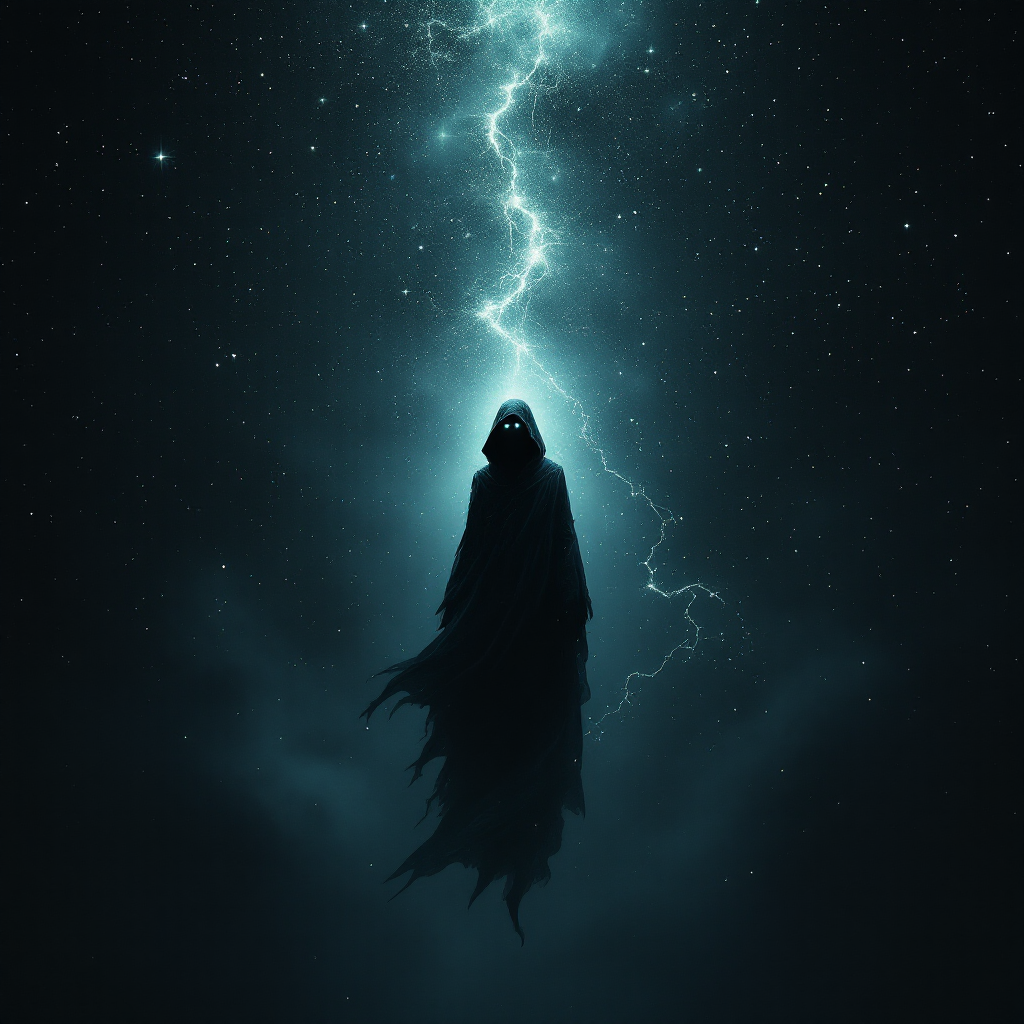 A cloaked figure stands in a dark, stormy atmosphere, illuminated by a bright flash of lightning, embodying the mysterious essence of every human being as a profound secret.