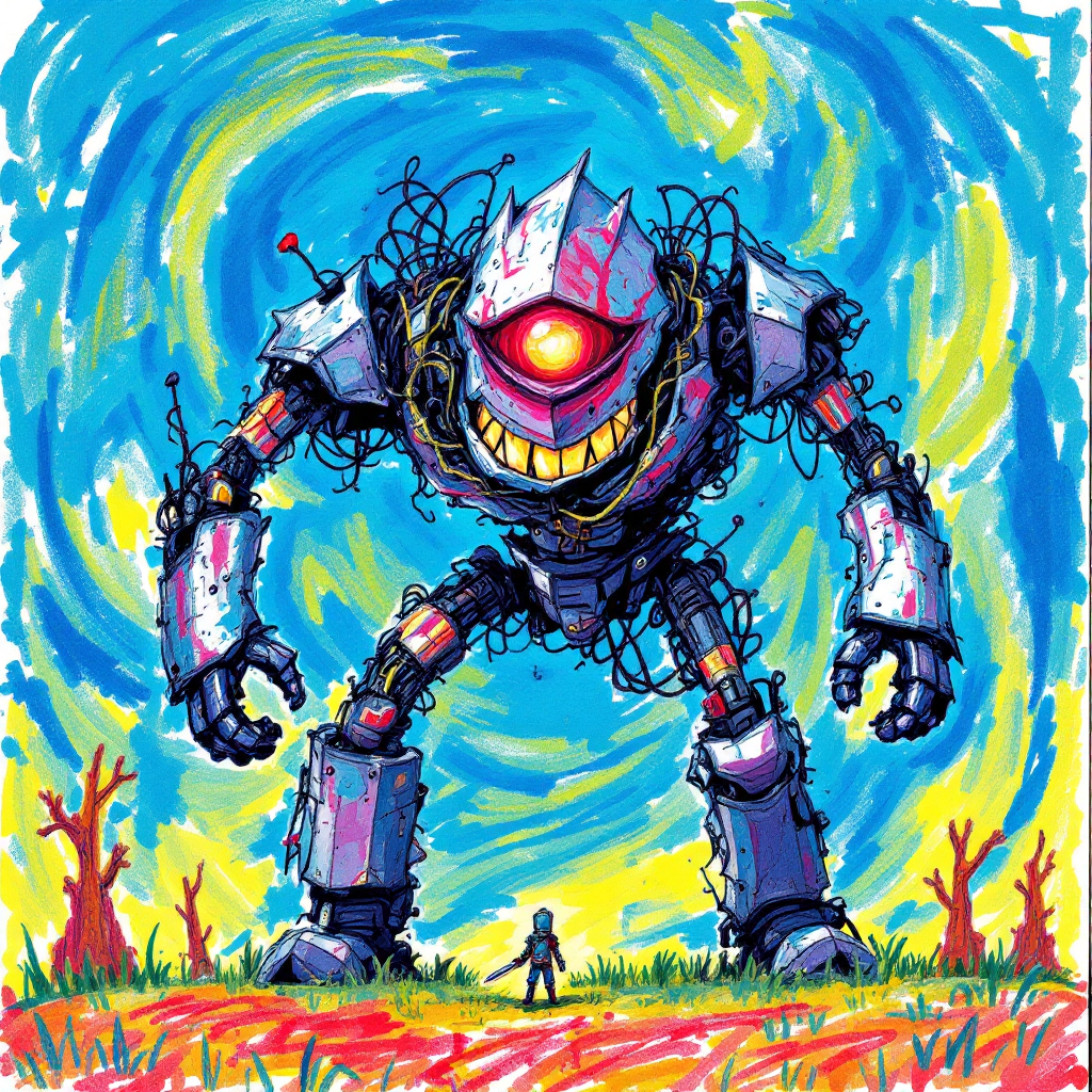 A towering, menacing robot looms over a small figure, embodying the quote's theme of determination and impending threat against an expansive, colorful backdrop.