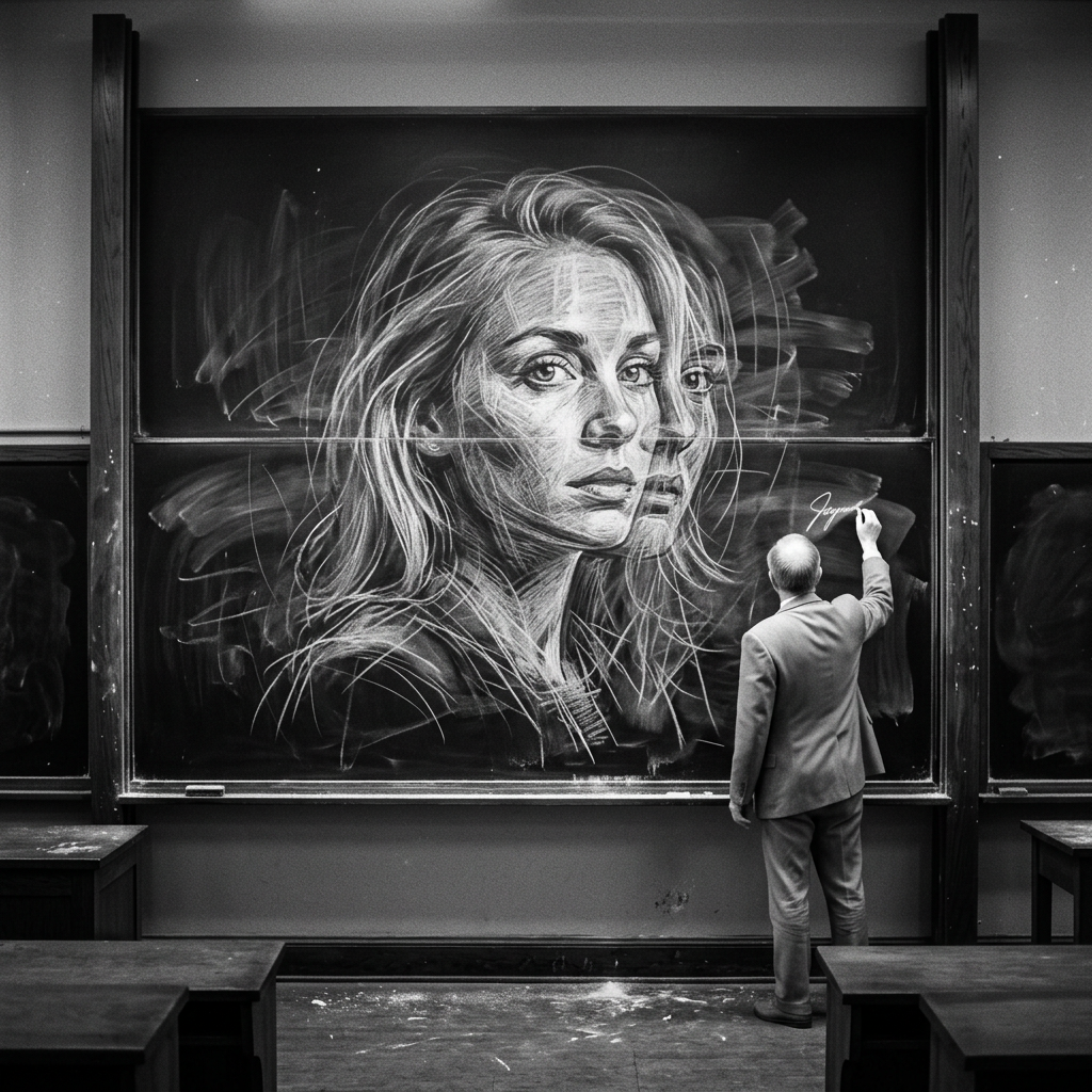 A man stands before a large blackboard with a highly realistic, moving chalk sketch of a woman's head and shoulders that appears to be continually drawn and erased.