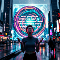 A person stands in a vibrant, illuminated urban setting, eyes closed, with a glowing, circular quote about failure and redirection by the universe behind them.