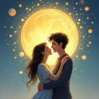 A couple gazes lovingly at each other in front of a glowing full moon, surrounded by stars, capturing the essence of timeless friendship and cherished memories.