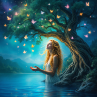 A serene scene depicting a woman by a luminous tree, surrounded by colorful butterflies against a starry sky, embodying the quote about love and the beauty of the world.