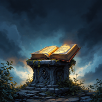 An open book rests on an ornate stone pedestal, surrounded by lush greenery, under a dramatic sky, symbolizing the untold stories of history's buried voices.