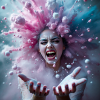 A woman with vibrant, colorful hair explodes with emotion, her hands outstretched and mouth open in a fierce scream, embodying the intense demand for love reflected in the quote.