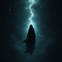 A cloaked figure stands in a dark, stormy atmosphere, illuminated by a bright flash of lightning, embodying the mysterious essence of every human being as a profound secret.