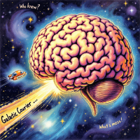 A vibrant, cartoonish brain propels a spaceship through a cosmic backdrop, embodying the quote's idea of a vast, ancient intelligence mastering space travel. Galactic Courier is prominently featured.