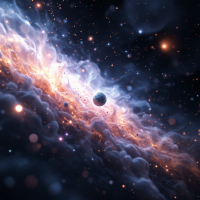 A cosmic scene with a swirling nebula and a distant planet surrounded by stars, evoking vast odds and the quest to restore cosmic normality amid the unknown.