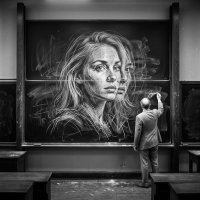A man stands before a large blackboard with a highly realistic, moving chalk sketch of a woman's head and shoulders that appears to be continually drawn and erased.