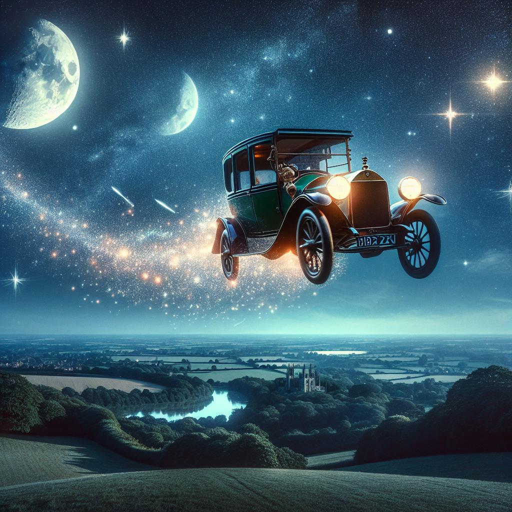 An enchanted vintage car, illuminated by moonlight, soars through a starry night sky over a serene landscape, inspired by the quote, Your sons flew that enchanted car of yours to Surrey and back last night!