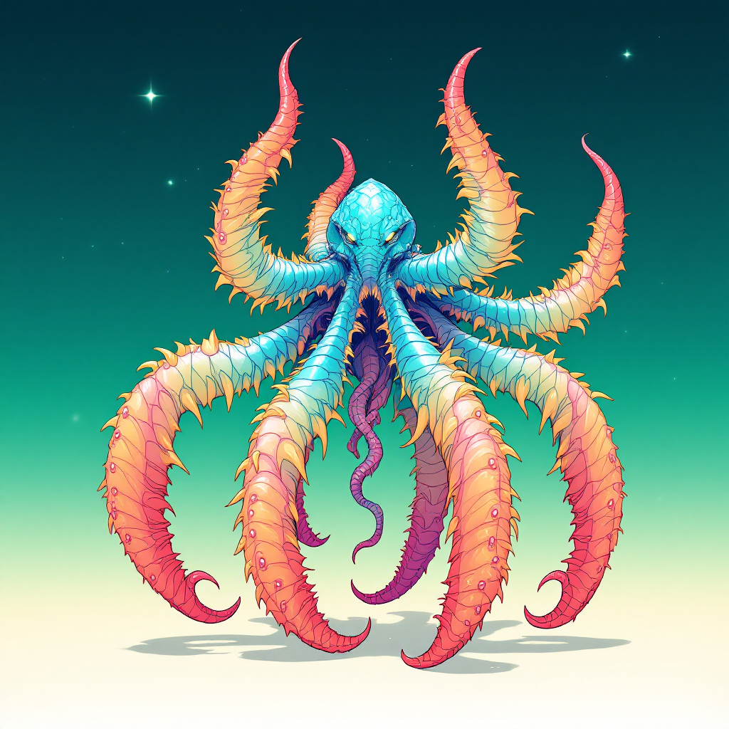 A vibrant hexapod with six exaggerated hands, featuring colorful, spiky appendages and a central body resembling an octopus, set against a gradient background of teal and light hues.