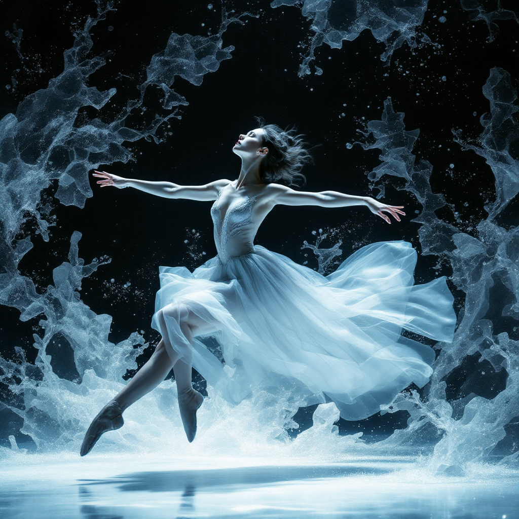 A dancer in a flowing white dress gracefully leaps among swirling clouds of mist, embodying the concept of unfree movement and ecstatic submission from the quote about dance.