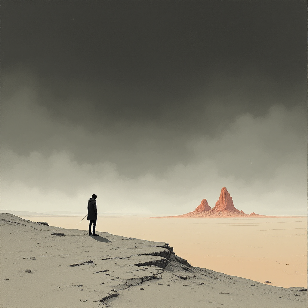 A solitary figure stands at the edge of a barren landscape, under a dark, looming sky, embodying the sentiment that the world offers neither love nor hate.