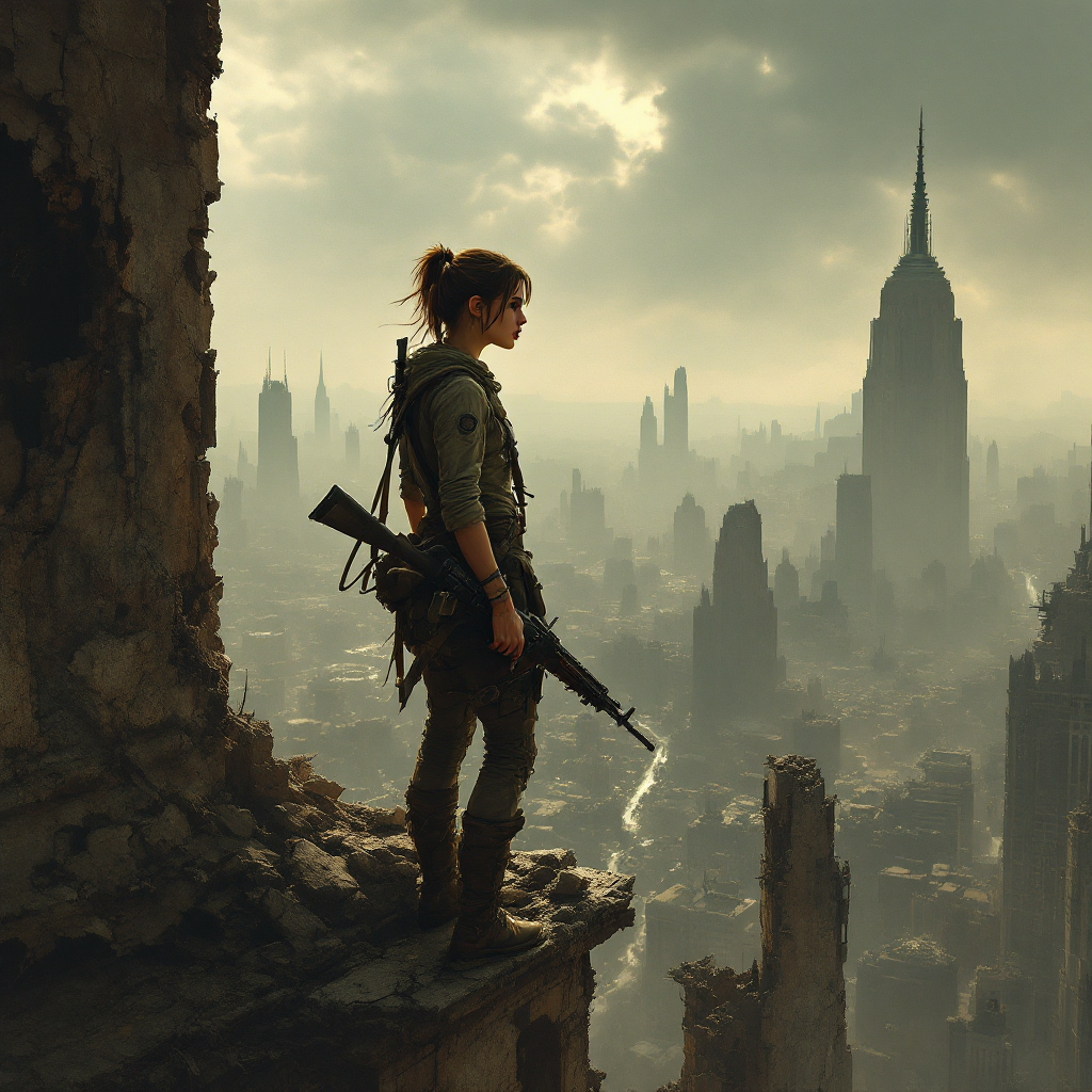 A lone figure stands on a crumbling rooftop, armed and gazing over a dystopian cityscape, embodying the struggle for survival amidst a world where heroes and villains blur.