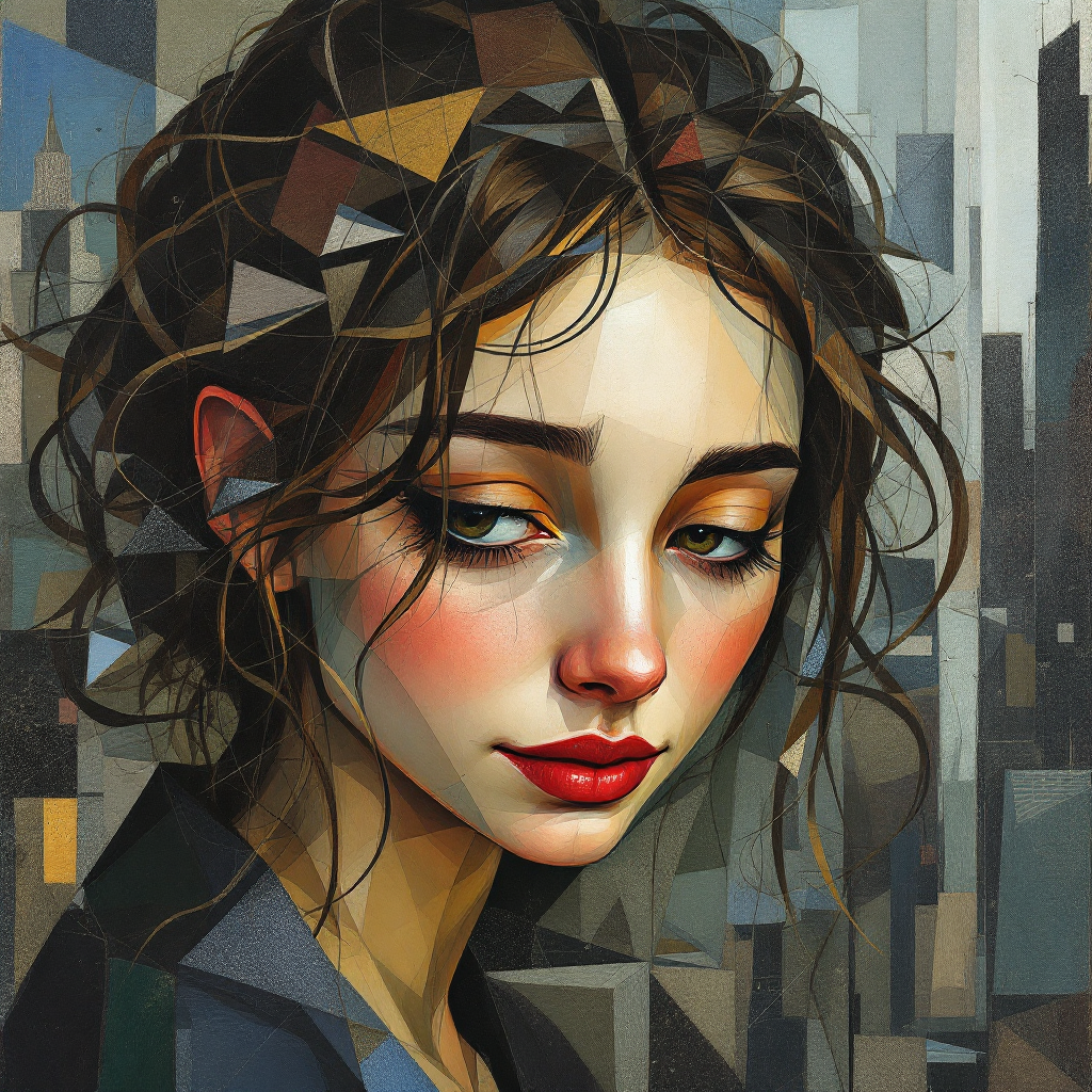 A stylized portrait of a young woman with curly hair and striking makeup, set against a geometric city backdrop, reflecting themes of regret and the permanence of the past.