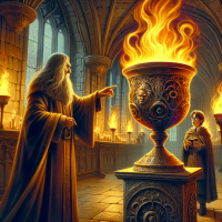 A white-bearded wizard points at a fiery, ornate goblet in a dimly lit hall, while a young boy watches. The image is inspired by the quote, Did you put your name into the Goblet of Fire?