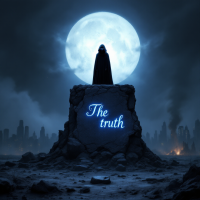 A cloaked figure stands on a rocky outcrop under a full moon, surrounded by a desolate landscape, with the phrase The truth illuminated on the stone, embodying themes of power and deceit.