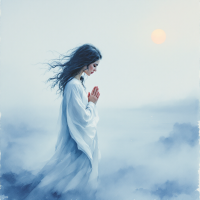 A contemplative figure in a flowing white garment stands in mist, hands clasped in prayer, against a tranquil background with a pale sun, embodying the philosophical quest for answers beyond science.