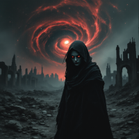 A cloaked figure with glowing red eyes stands in a desolate landscape, surrounded by ruins and a swirling cosmic vortex overhead, evoking themes of hostility and despair.