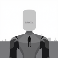 A monochromatic image features a large, humanoid robot with a blank head, towering over a small figure, symbolizing the concept of identity and self-use from the quote.