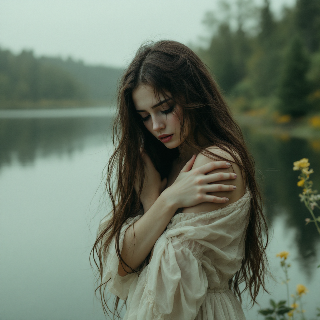 A young woman stands by a serene lake, her long hair cascading over her shoulders. She gazes downward, embodying vulnerability and quiet strength amidst a tranquil natural setting.