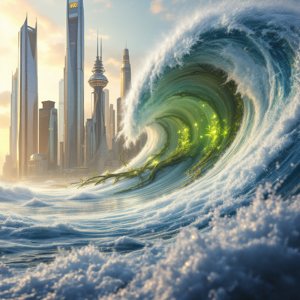 A futuristic city rises in the background, while a vibrant, dynamic wave surges forward, symbolizing the quote about the uneven distribution of the future.