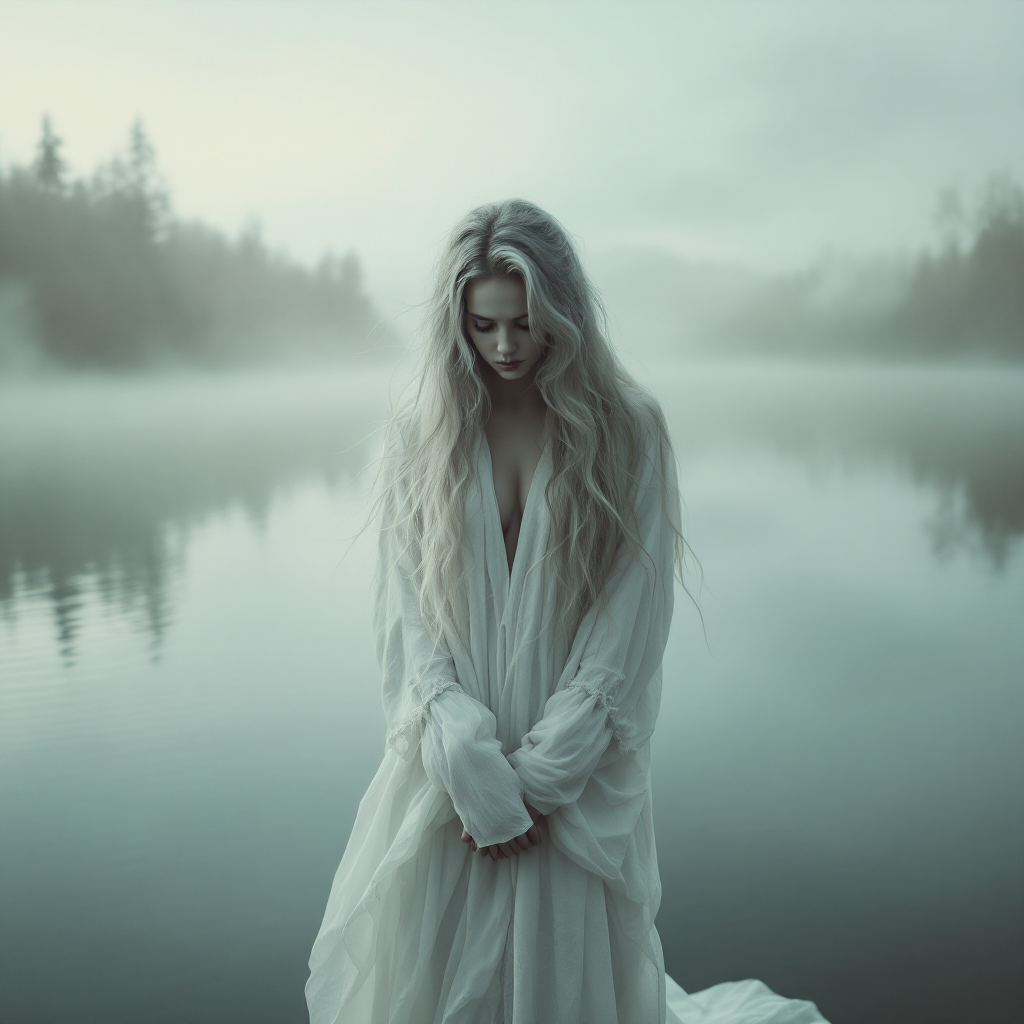 A contemplative figure in a flowing white dress stands at the water's edge, surrounded by a foggy landscape, embodying the spirit of independence and defiance from being a pawn in someone else's game.