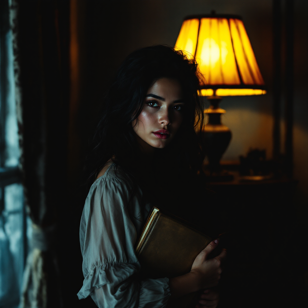 A young woman stands in a dimly lit room, holding a book close to her chest. A warm lamp glows nearby, creating a contrast between light and shadows, reflecting on family dynamics.