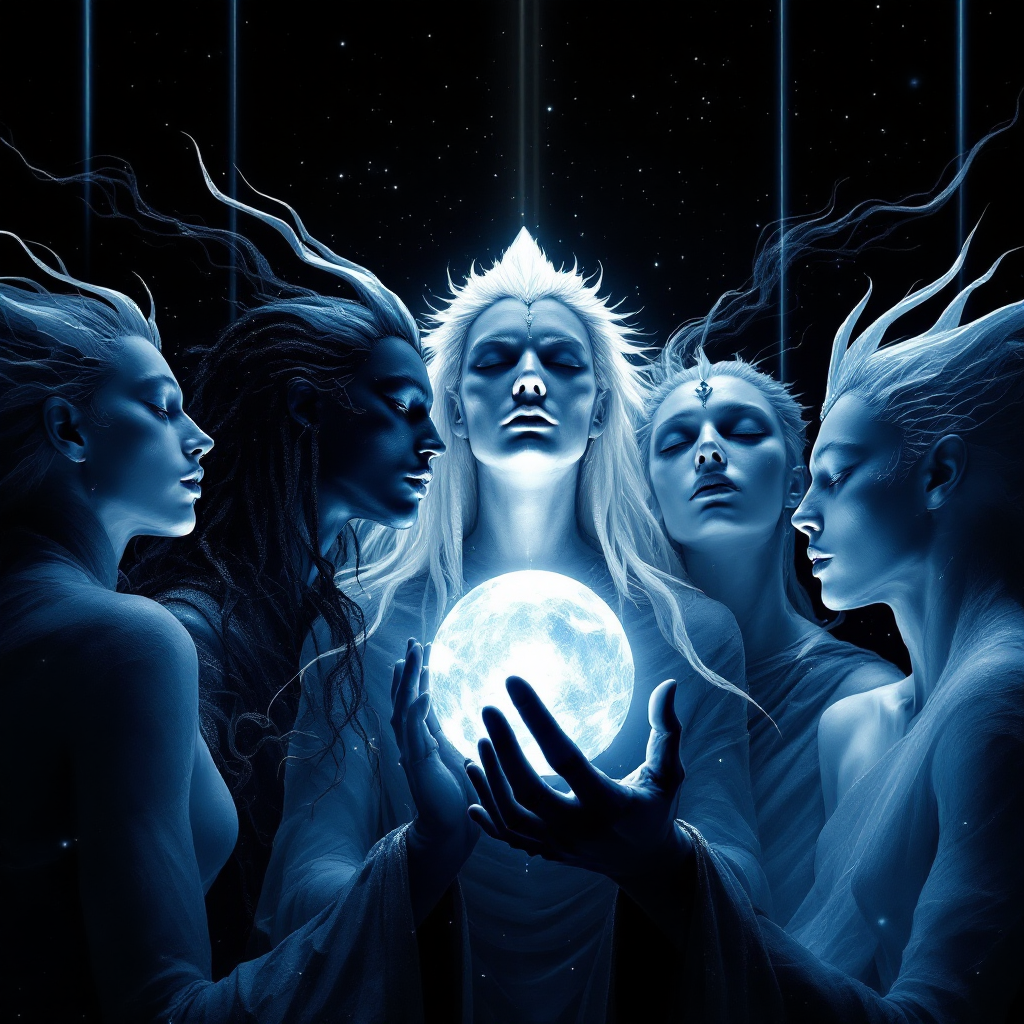 A group of ethereal figures with flowing hair surround a glowing orb, representing the connection between humans, gods, and the future, as inspired by a thought-provoking book quote.