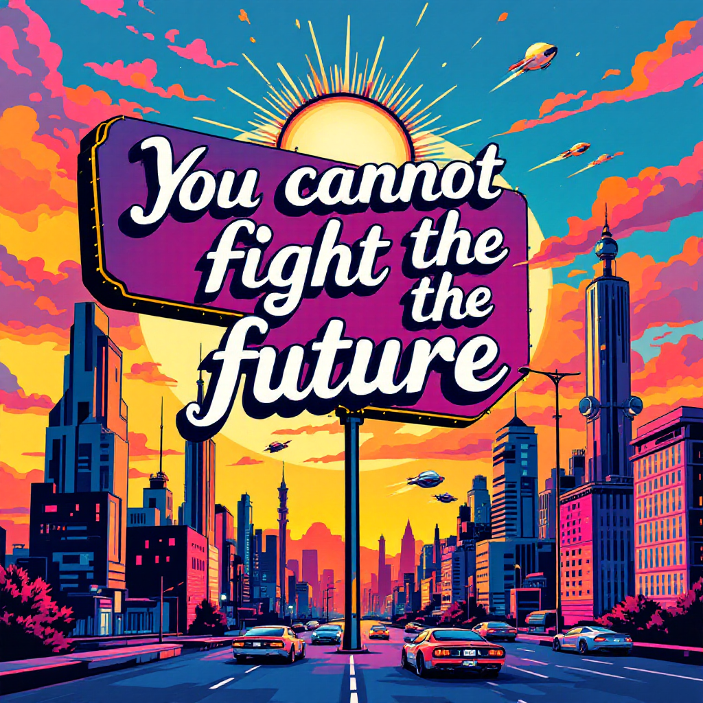 A vibrant cityscape at sunset features a colorful sign reading You cannot fight the future, surrounded by skyscrapers and flying vehicles, capturing a sense of optimism and change.