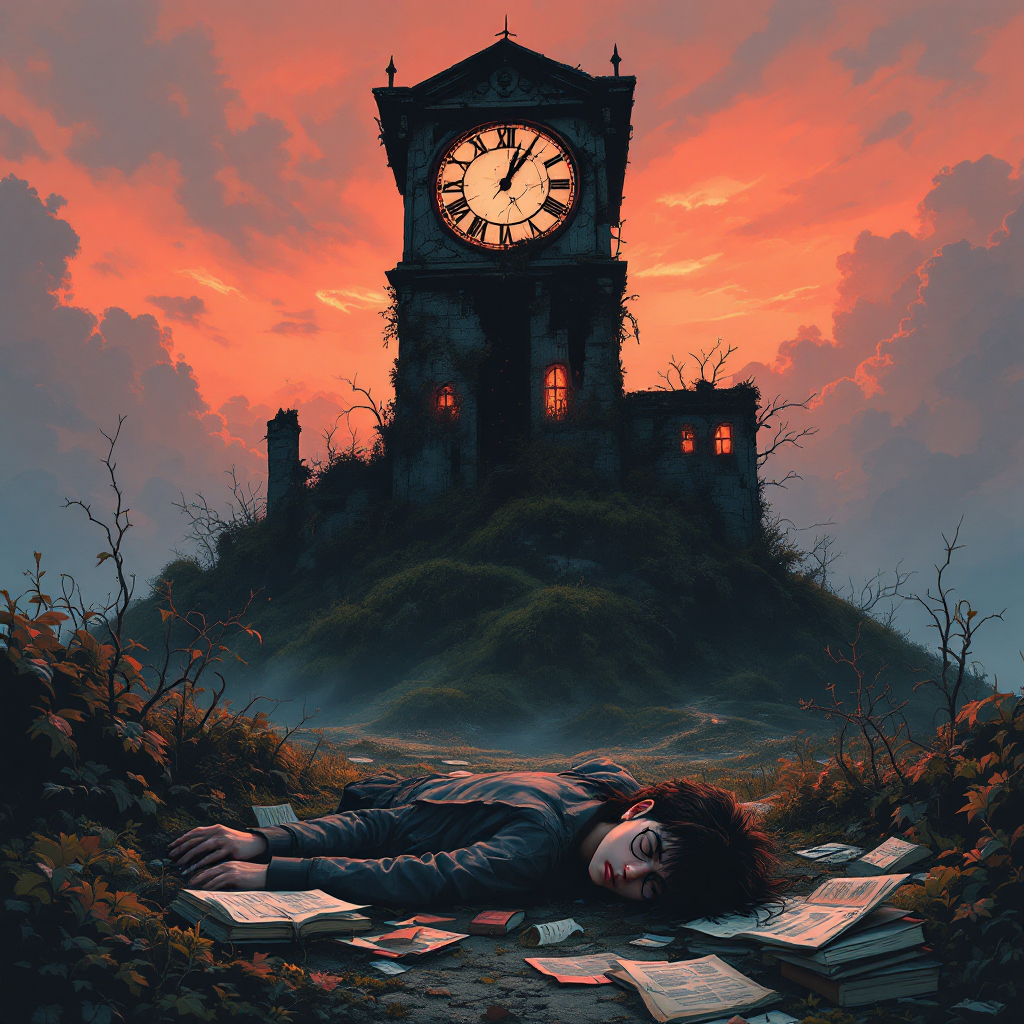 A clock tower looms over a desolate landscape at sunset, with a figure lying among scattered papers, symbolizing the passage of time and its inevitable toll on life.