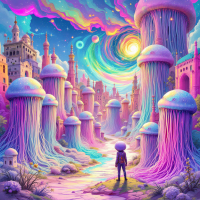 A vibrant, surreal landscape features towering jellyfish-like structures under a colorful sky, with a figure gazing at the mesmerizing scene, embodying the spirit of a close-knit community.