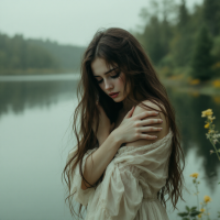 A young woman stands by a serene lake, her long hair cascading over her shoulders. She gazes downward, embodying vulnerability and quiet strength amidst a tranquil natural setting.