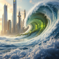 A futuristic city rises in the background, while a vibrant, dynamic wave surges forward, symbolizing the quote about the uneven distribution of the future.