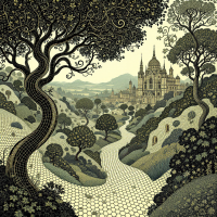 A whimsical landscape featuring a winding path adorned with intricate patterns, lush trees, and a distant castle, embodying the quote about the world's intertwining patterns.