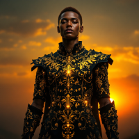 A figure stands confidently in ornate, golden armor against a dramatic sunset, embodying the theme of personal growth and transformation from the quote: It matters not what someone is born.