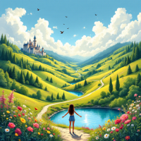 A girl stands on a path surrounded by vibrant flowers, gazing at a picturesque landscape with rolling hills, a serene lake, and a distant castle under a bright blue sky, embodying a sense of longing and memory.