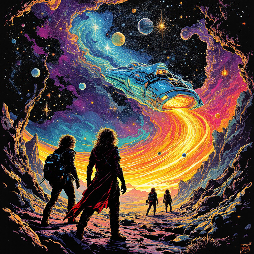 A vibrant cosmic scene depicts explorers gazing in awe at a colorful swirling galaxy, with a sleek spaceship soaring through a star-filled expanse, embodying the spirit of adventure.