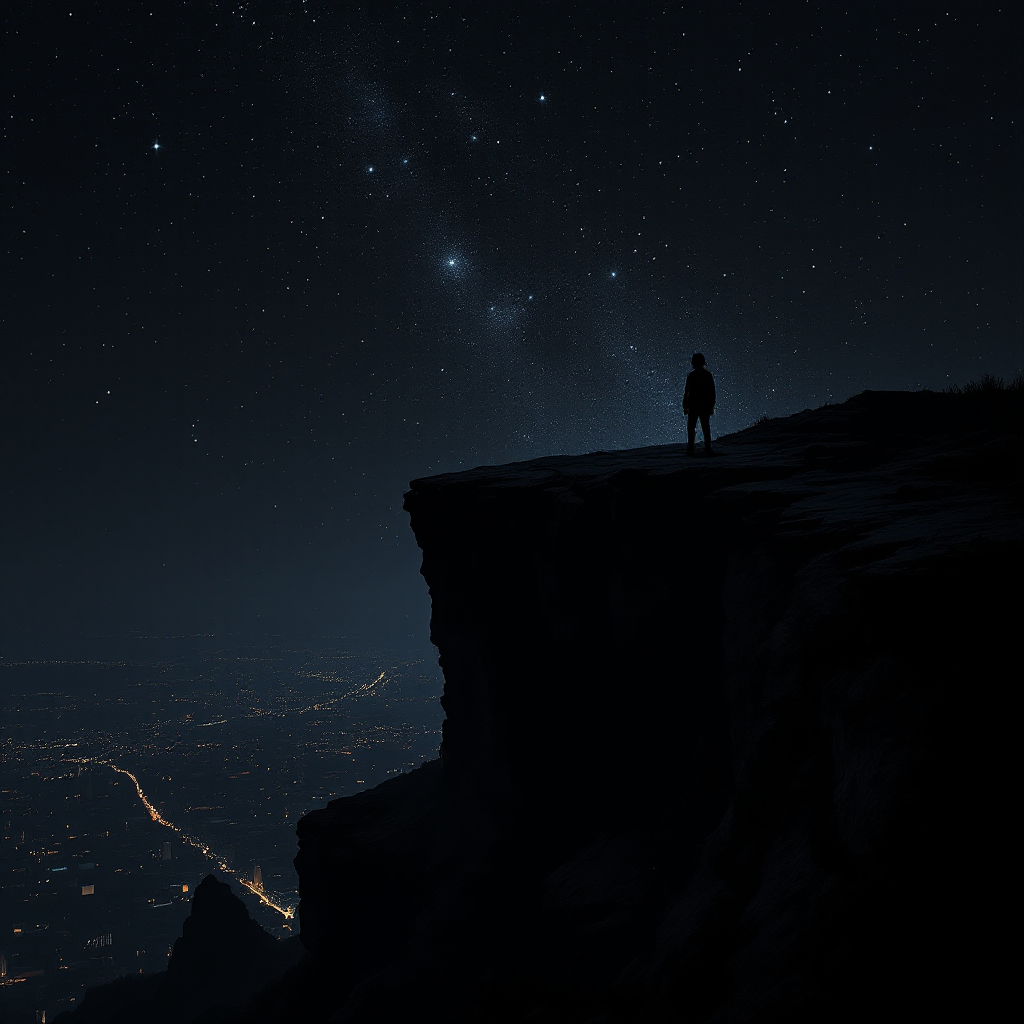 A solitary figure stands on a cliffside, gazing at a star-filled sky, embodying the struggle between fear and freedom, reflecting on the essence of life and death.