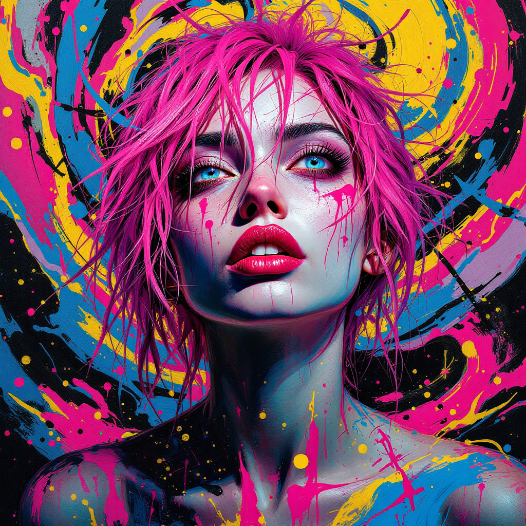 A striking portrait of a woman with vibrant pink hair and colorful splashes of paint on her face, embodying the turmoil of losing control and self-identity.