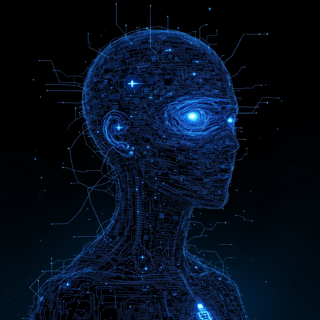 A digital figure with a geometric, blue-lit head and intricate circuitry, symbolizing the ambition to bring life to an inanimate body, reflecting themes of creation and technology.