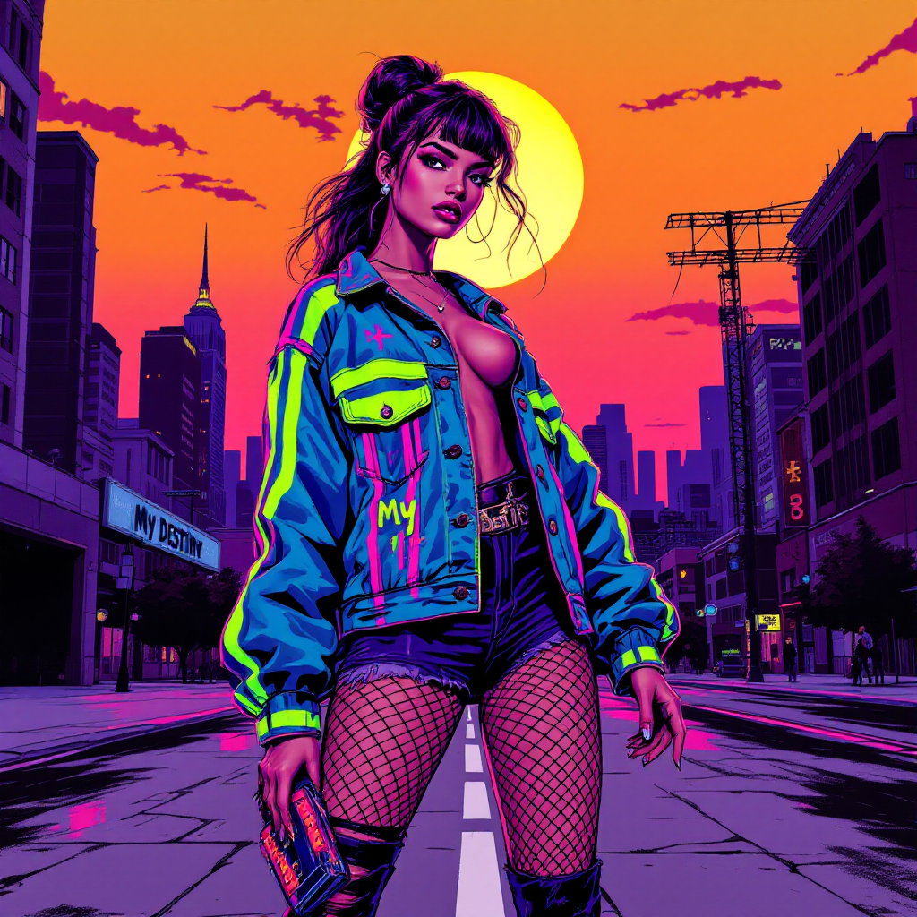 A confident woman in a vibrant, neon jacket and fishnet stockings stands in a city street at sunset, embodying the quote about realizing one's destiny.