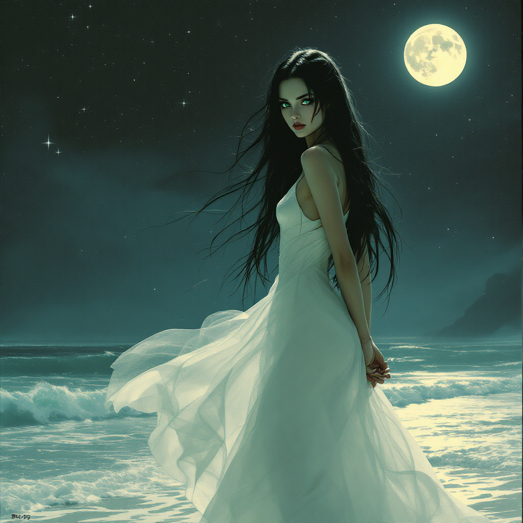 A serene woman in a flowing white dress stands by the ocean under a glowing moon, embodying the quote about love and a deep belief in fate. The night sky is filled with stars.