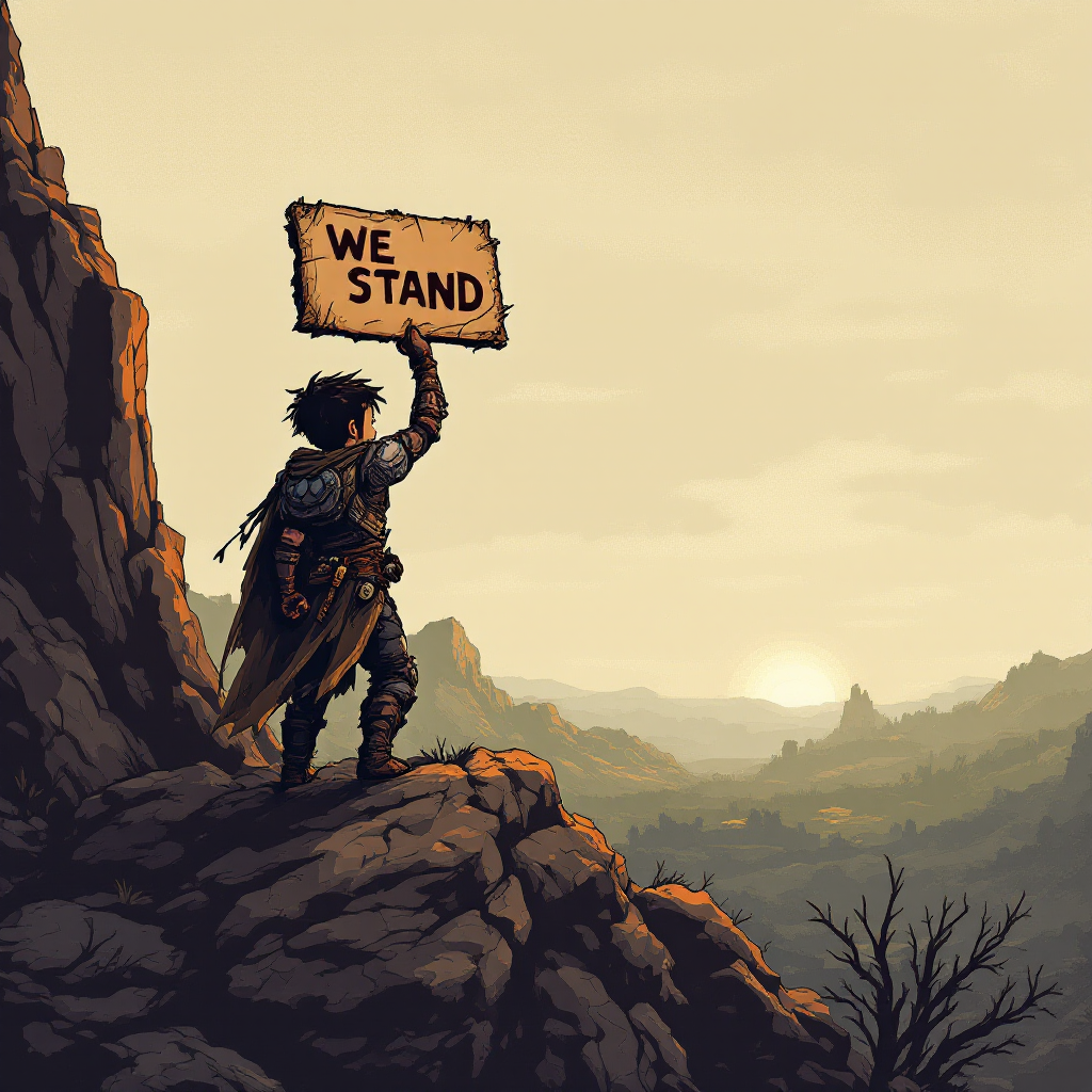 A lone figure in a cape stands atop a rocky cliff, holding a sign that reads WE STAND, gazing at a vast landscape under a warm sunset, embodying resilience and purpose.